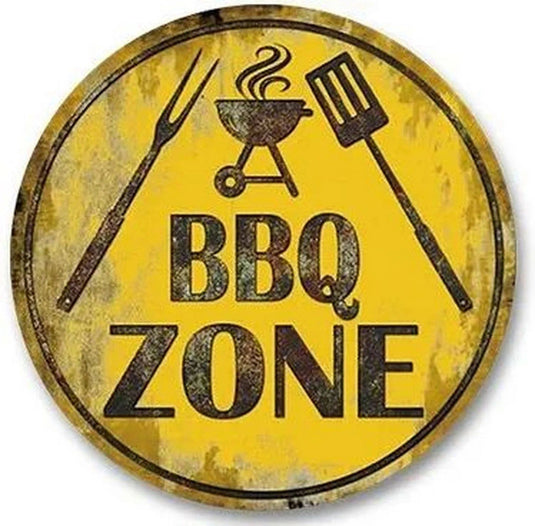 BBQ Zone Round Retro Metal Tin Sign Nostalgic Iron Painting Novelty For Restaurant Cafe Bar Garage Bar Kitchen Garden Wall Decor - Grand Goldman