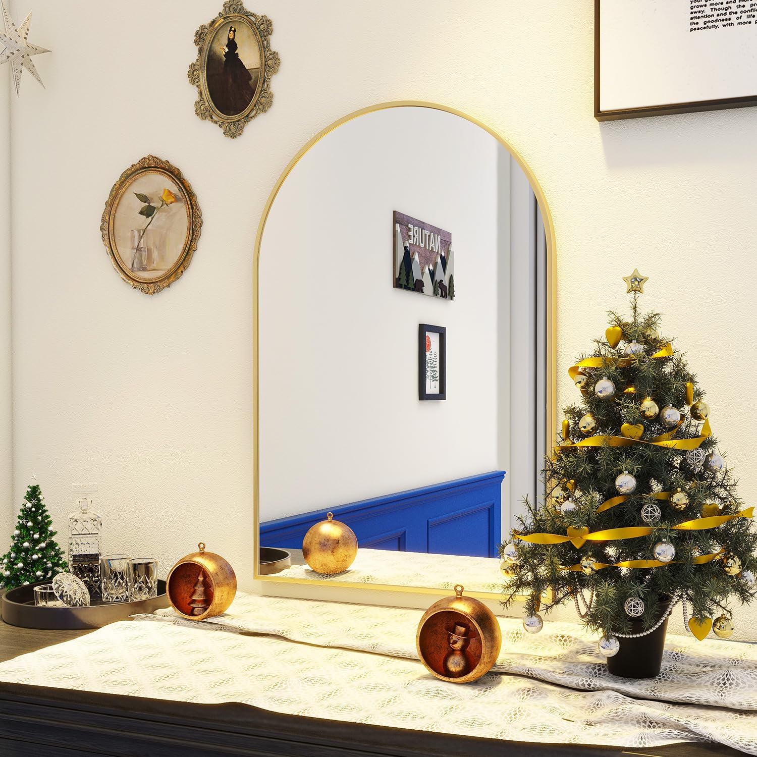 BEAUTYPEAK 24"x36" Arch Bathroom Mirror, Wall Mounted Mirror, Black Vanity Wall Mirror w/Metal Frame for Bedroom, Entryway, Living Room - Grand Goldman