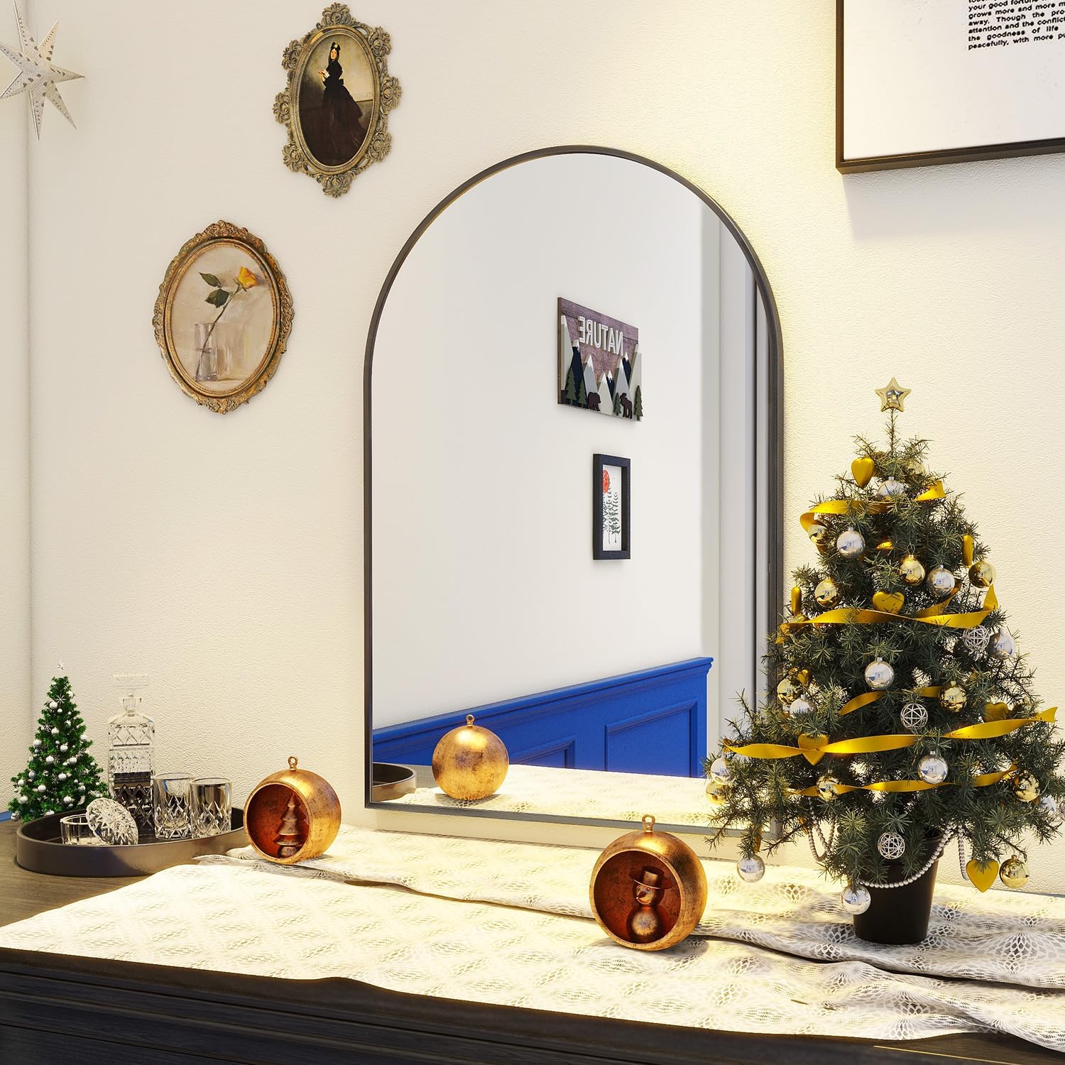 BEAUTYPEAK 24"x36" Arch Bathroom Mirror, Wall Mounted Mirror, Black Vanity Wall Mirror w/Metal Frame for Bedroom, Entryway, Living Room - Grand Goldman