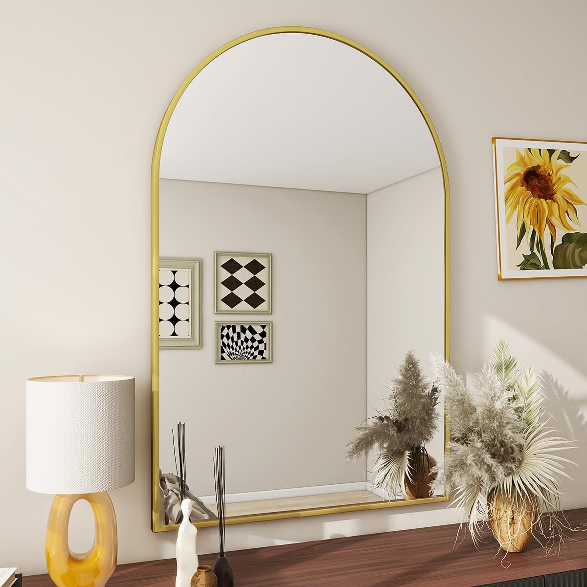 BEAUTYPEAK 24"x36" Arch Bathroom Mirror, Wall Mounted Mirror, Black Vanity Wall Mirror w/Metal Frame for Bedroom, Entryway, Living Room - Grand Goldman
