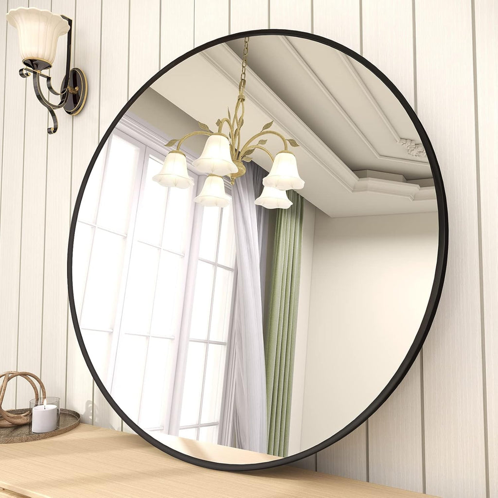 BEAUTYPEAK 30 Inch Round Mirror, Black Metal Frame Circle Mirror, Wall Mirror for Entryway, Bathroom, Vanity, Living Room, Black Circle Mirror - Grand Goldman