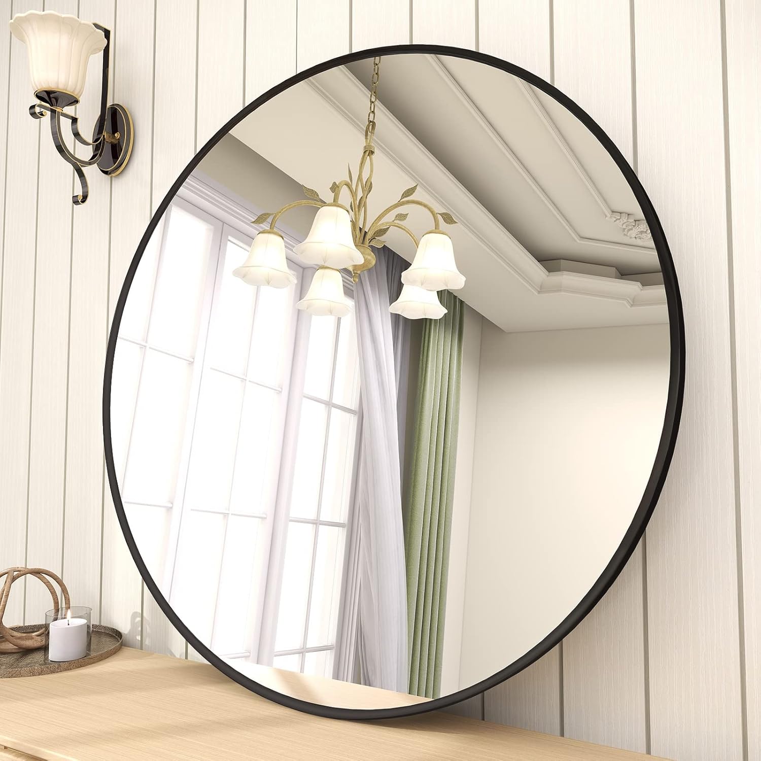 BEAUTYPEAK 30 Inch Round Mirror, Black Metal Frame Circle Mirror, Wall Mirror for Entryway, Bathroom, Vanity, Living Room, Black Circle Mirror - Grand Goldman