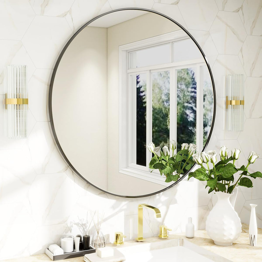 BEAUTYPEAK 30 Inch Round Mirror, Black Metal Frame Circle Mirror, Wall Mirror for Entryway, Bathroom, Vanity, Living Room, Black Circle Mirror - Grand Goldman