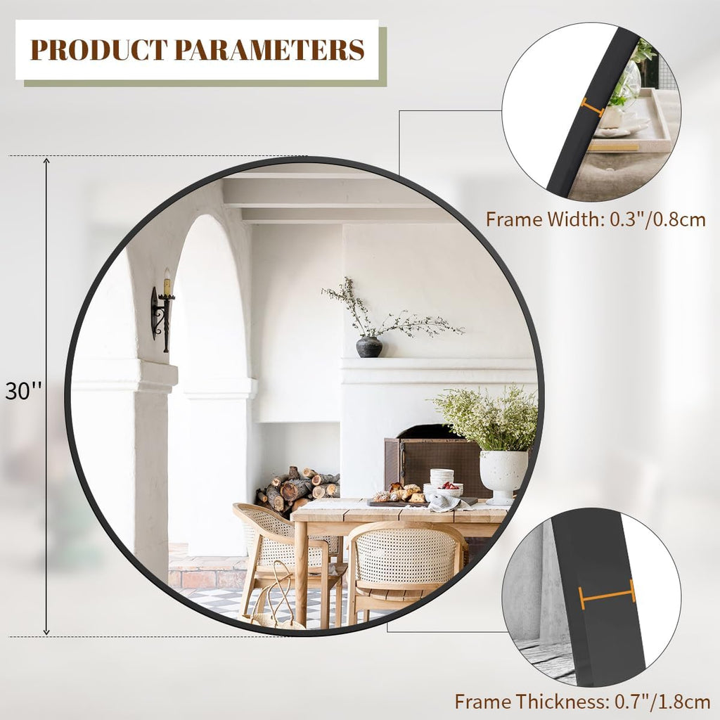 BEAUTYPEAK 30 Inch Round Mirror, Black Metal Frame Circle Mirror, Wall Mirror for Entryway, Bathroom, Vanity, Living Room, Black Circle Mirror - Grand Goldman