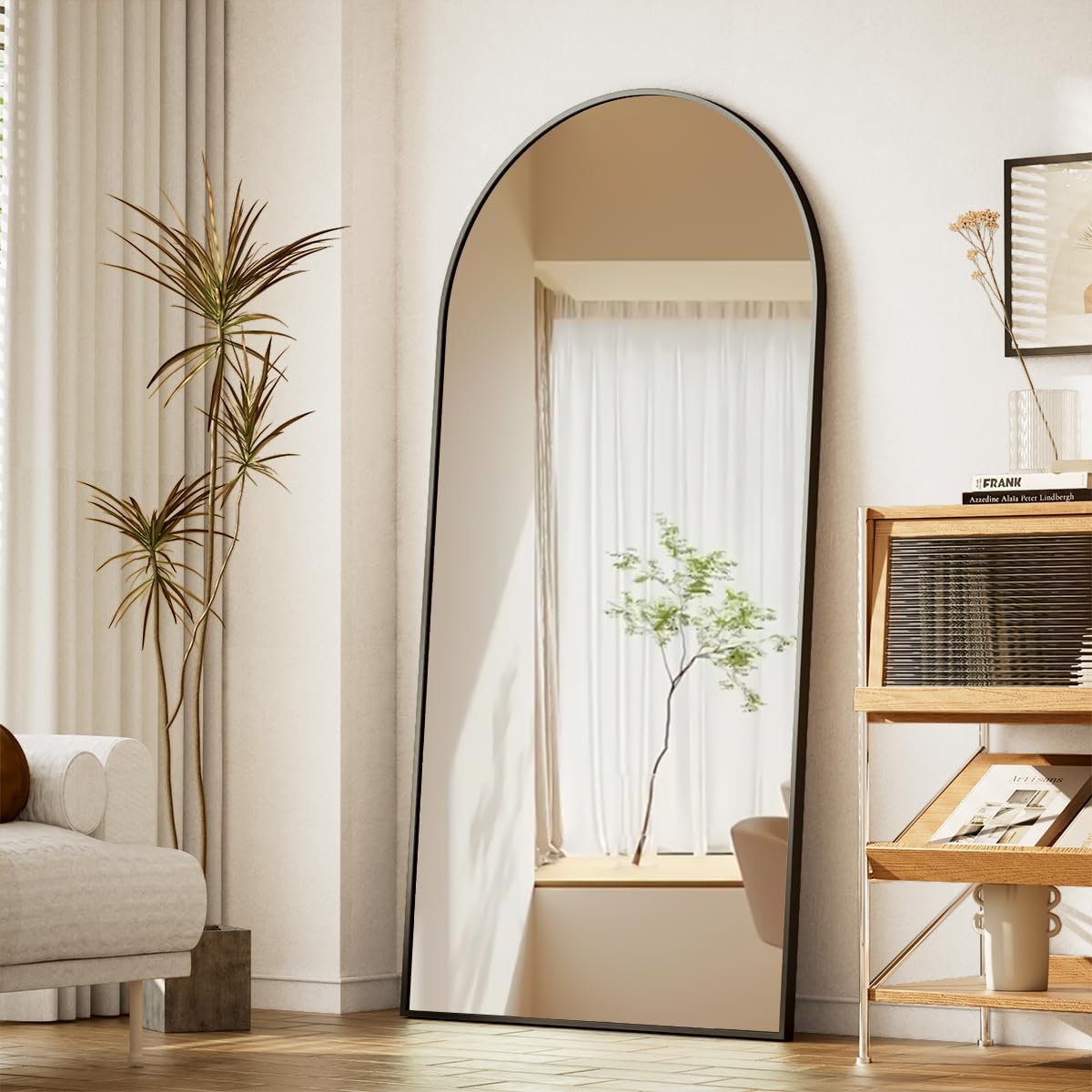 BEAUTYPEAK 65"x24" Full Length Mirror, Arch Floor Mirror, Wall Mirror Hanging or Leaning Arched-Top Full Body Mirror with Stand for Bedroom, Dressing Room, Black - Grand Goldman