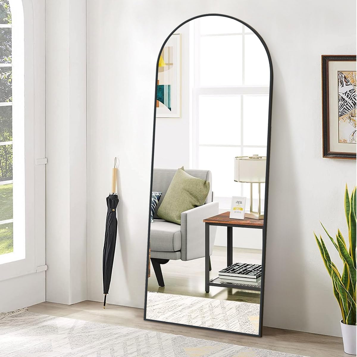 BEAUTYPEAK 65"x24" Full Length Mirror, Arch Floor Mirror, Wall Mirror Hanging or Leaning Arched-Top Full Body Mirror with Stand for Bedroom, Dressing Room, Black - Grand Goldman