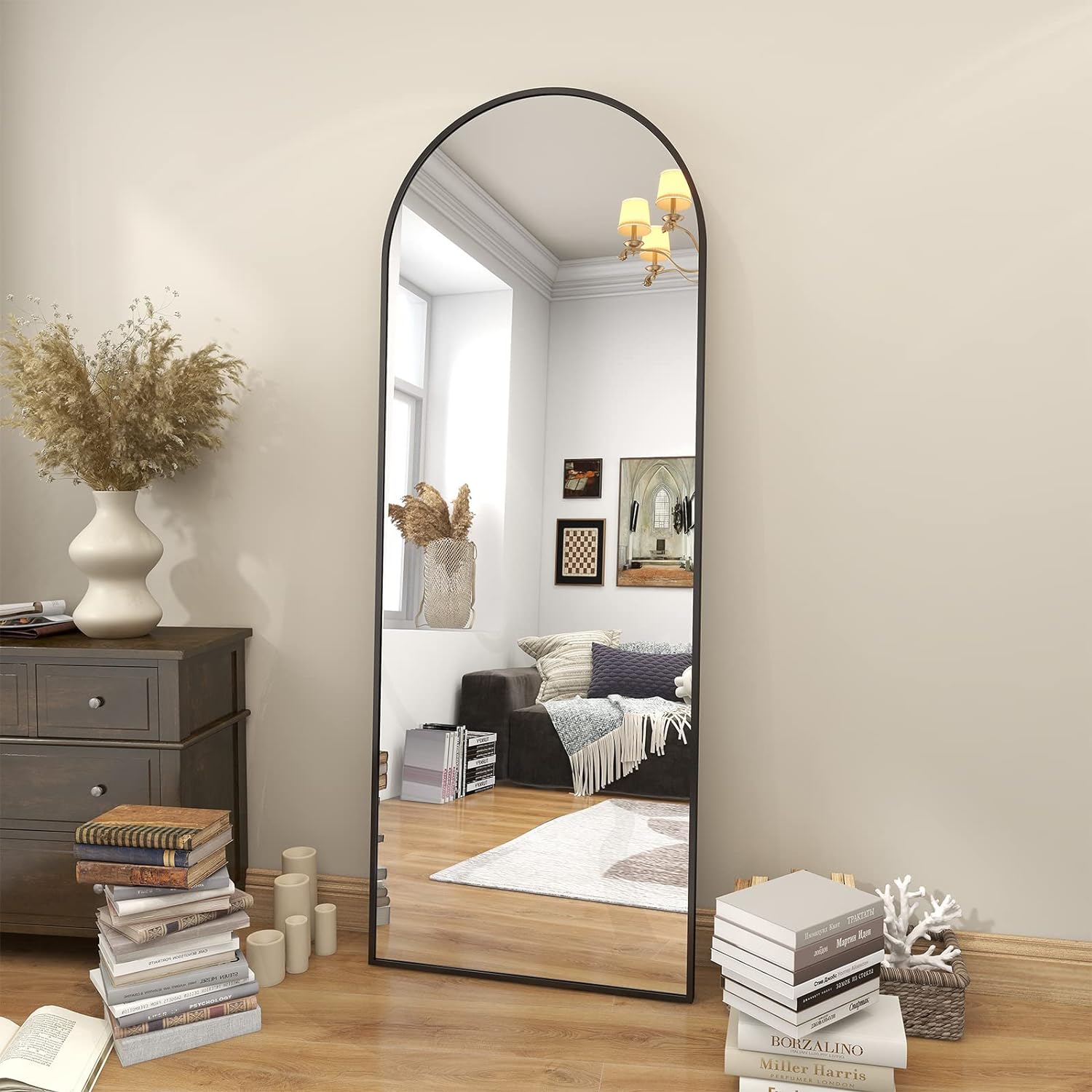 BEAUTYPEAK 65"x24" Full Length Mirror, Arch Floor Mirror, Wall Mirror Hanging or Leaning Arched-Top Full Body Mirror with Stand for Bedroom, Dressing Room, Black - Grand Goldman
