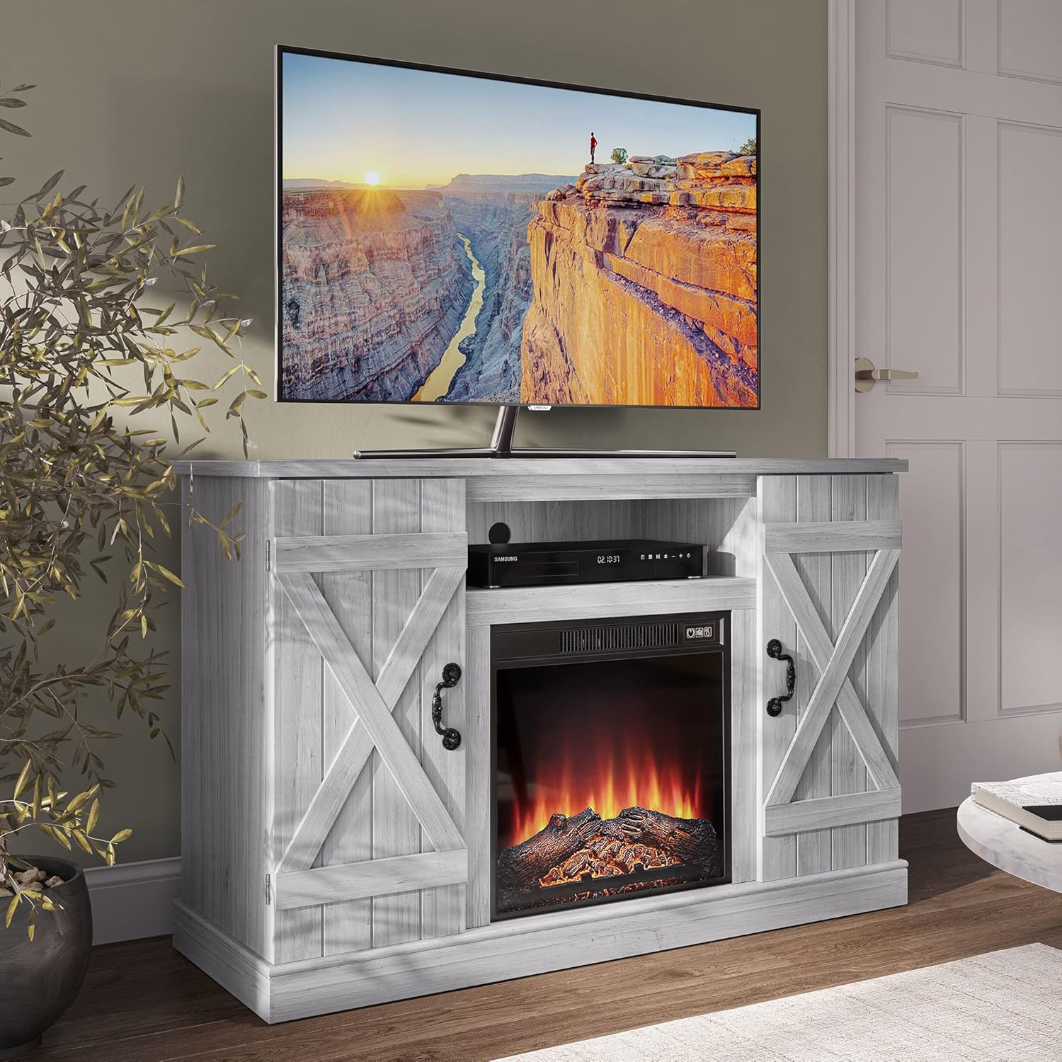 BELLEZE 47" TV Stand with 18" Electric Fireplace Heater & Media Entertainment Center Console Table for TV up to 50" with Open Storage Shelves & Cabinets - Veropeso (Espresso) - Grand Goldman