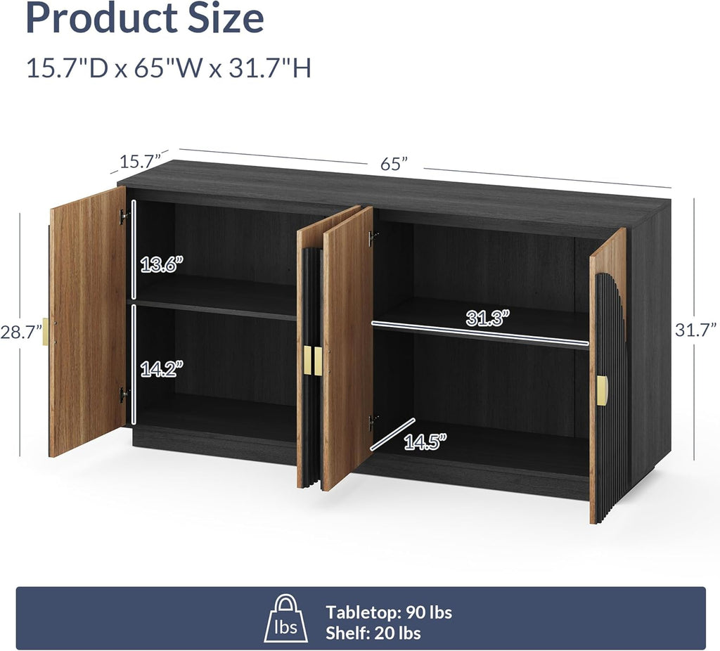 BELLEZE 65 Inch Fluted Buffet Cabinet with Storage, Symmetrical Arc Accent Sideboard Large Console Table for Dining Room, Kitchen, and Living Room (Camel) - Grand Goldman