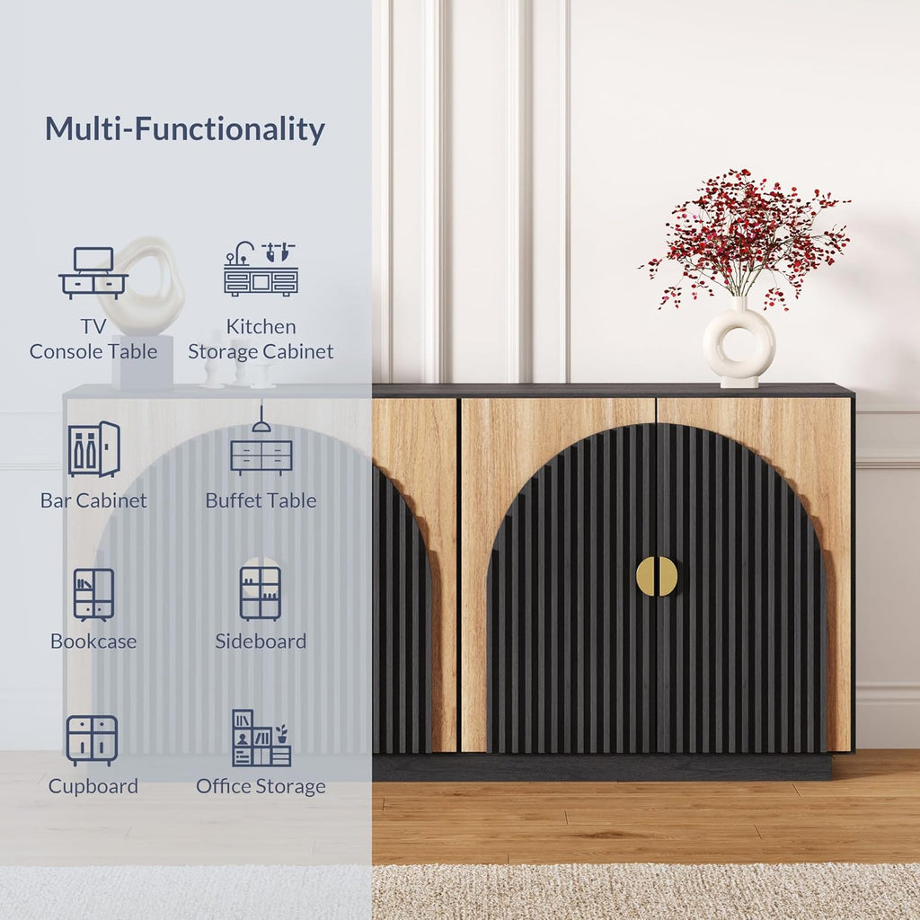 BELLEZE 65 Inch Fluted Buffet Cabinet with Storage, Symmetrical Arc Accent Sideboard Large Console Table for Dining Room, Kitchen, and Living Room (Camel) - Grand Goldman