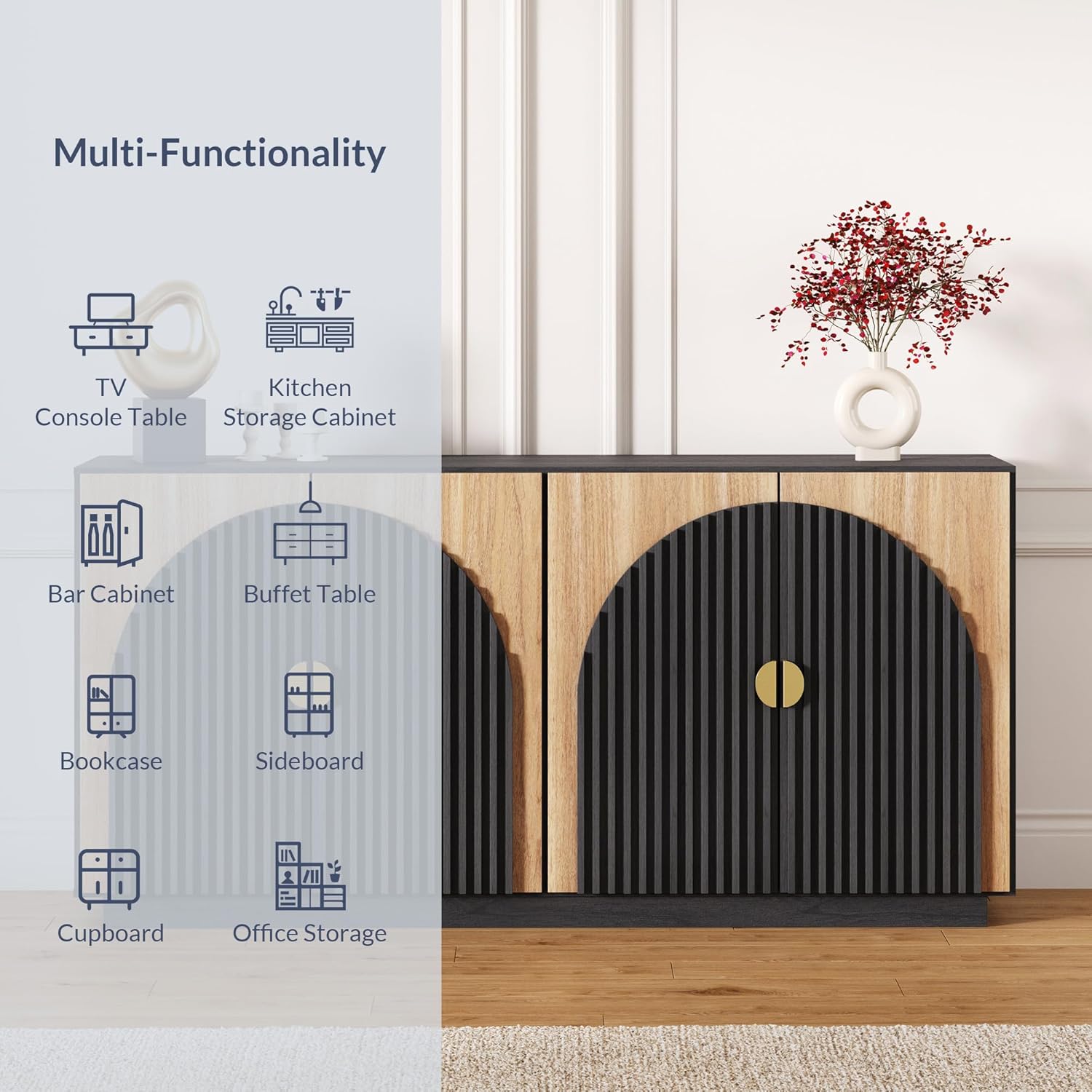 BELLEZE 65 Inch Fluted Buffet Cabinet with Storage, Symmetrical Arc Accent Sideboard Large Console Table for Dining Room, Kitchen, and Living Room (Camel) - Grand Goldman