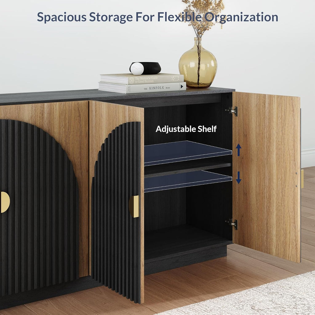 BELLEZE 65 Inch Fluted Buffet Cabinet with Storage, Symmetrical Arc Accent Sideboard Large Console Table for Dining Room, Kitchen, and Living Room (Camel) - Grand Goldman