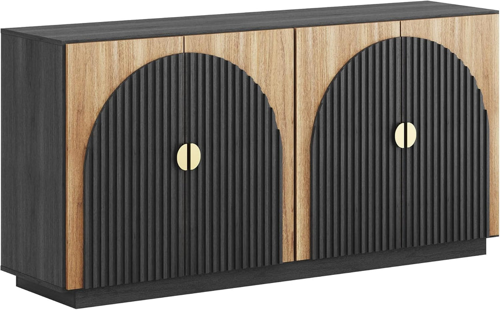 BELLEZE 65 Inch Fluted Buffet Cabinet with Storage, Symmetrical Arc Accent Sideboard Large Console Table for Dining Room, Kitchen, and Living Room (Camel) - Grand Goldman