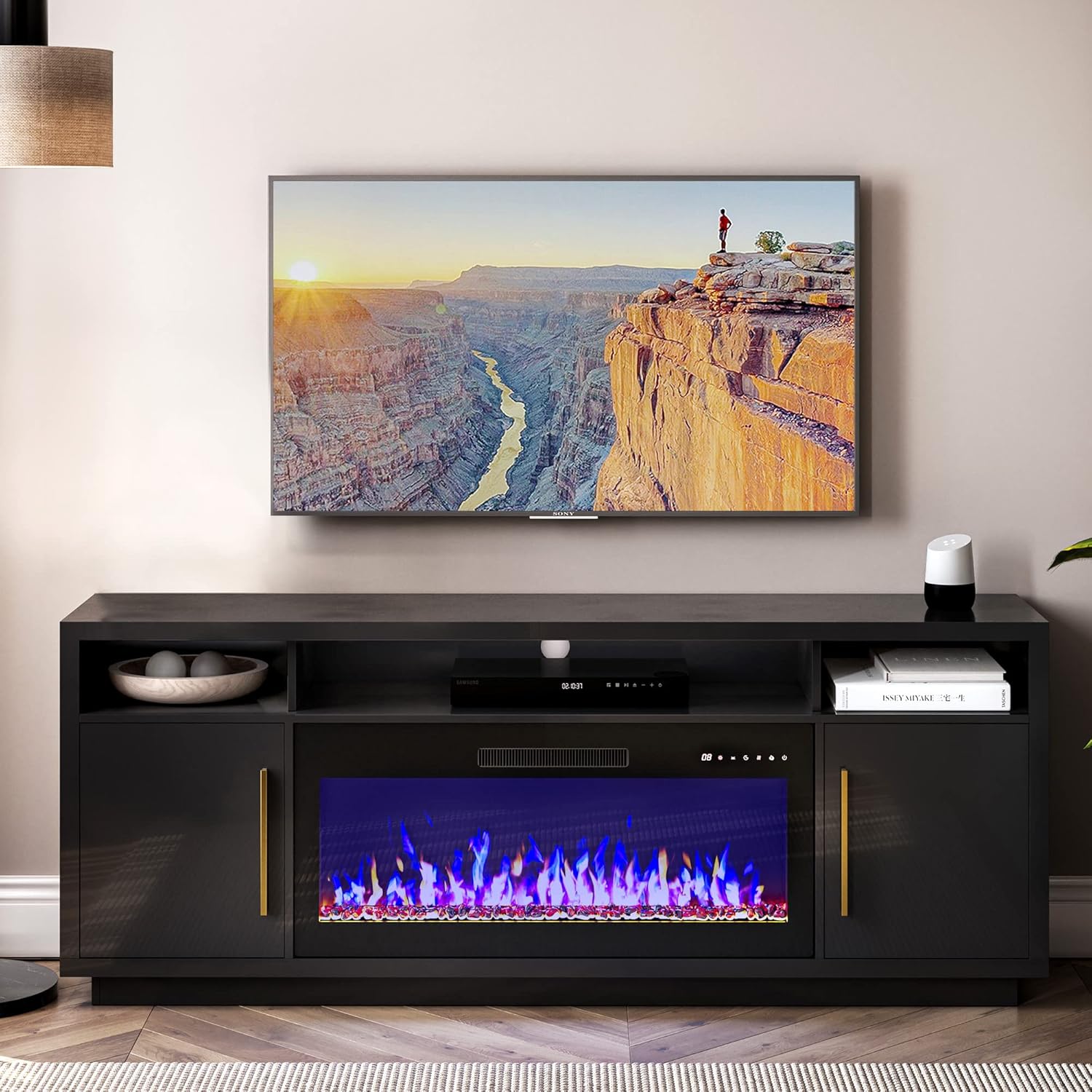 BELLEZE 70" Fireplace TV Stand for TVs Up to 75", LED Light Entertainment Center with 36" Electric Fireplace Heater, Storage Cabinet, Media Console Table for Living Room - Avenue (Black) - Grand Goldman