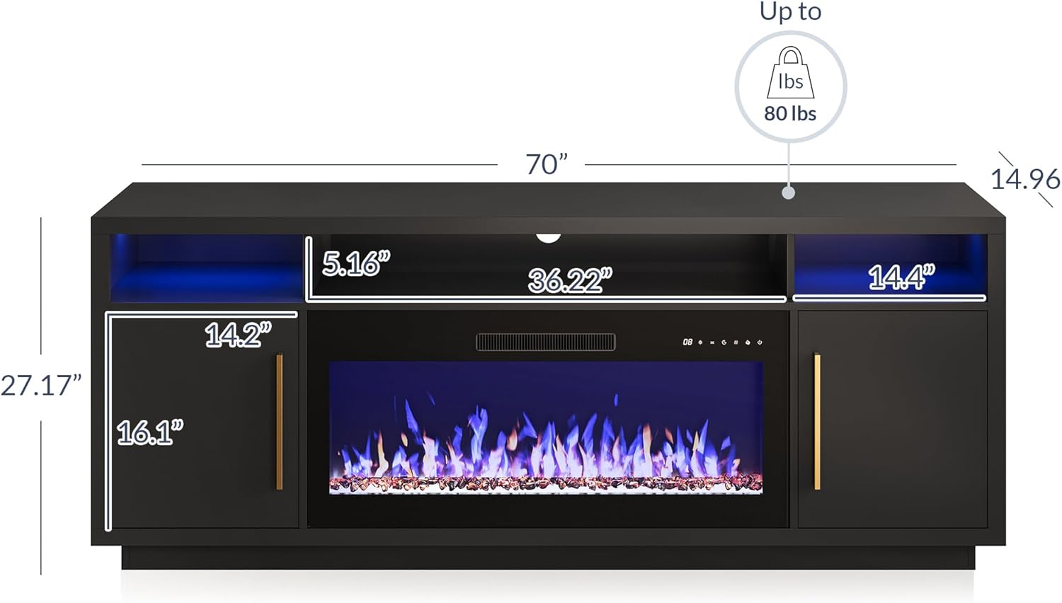 BELLEZE 70" Fireplace TV Stand for TVs Up to 75", LED Light Entertainment Center with 36" Electric Fireplace Heater, Storage Cabinet, Media Console Table for Living Room - Avenue (Black) - Grand Goldman