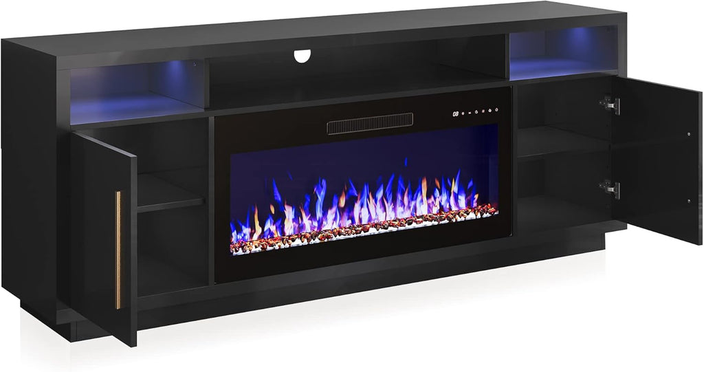 BELLEZE 70" Fireplace TV Stand for TVs Up to 75", LED Light Entertainment Center with 36" Electric Fireplace Heater, Storage Cabinet, Media Console Table for Living Room - Avenue (Black) - Grand Goldman