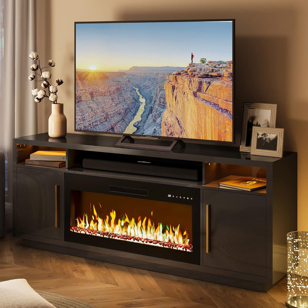 BELLEZE 70" Fireplace TV Stand for TVs Up to 75", LED Light Entertainment Center with 36" Electric Fireplace Heater, Storage Cabinet, Media Console Table for Living Room - Avenue (Black) - Grand Goldman