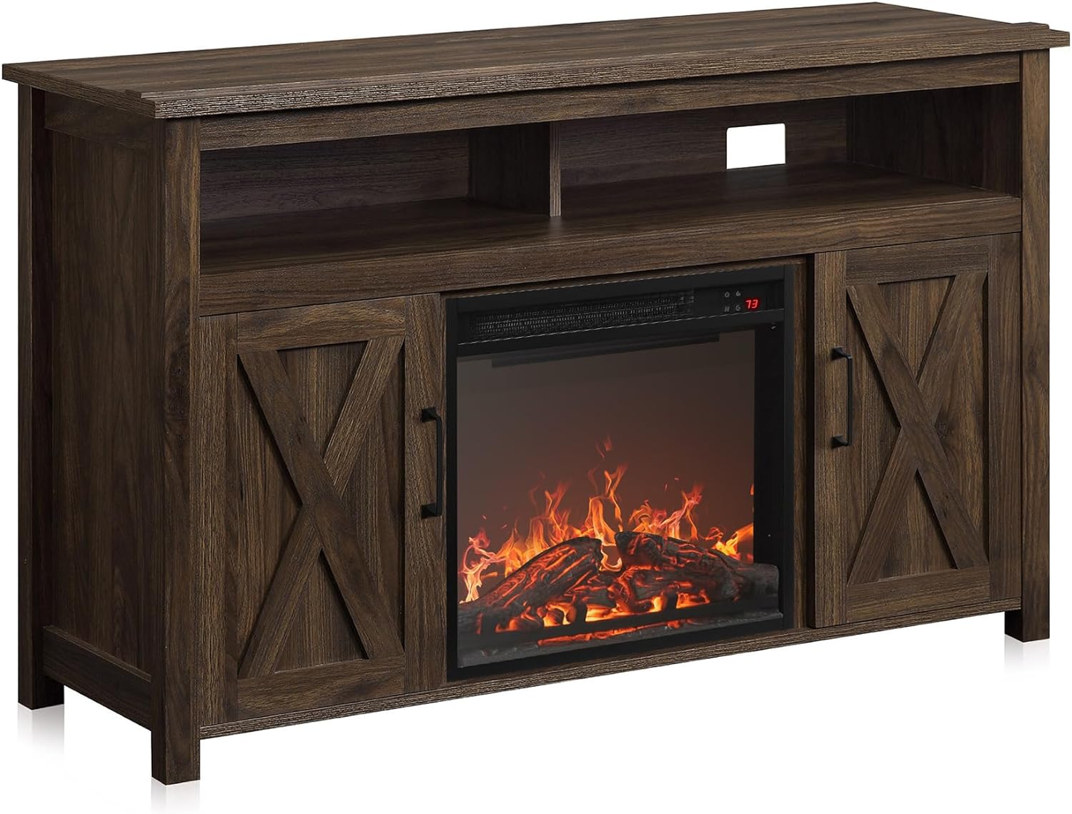 BELLEZE Barn Door Wood Electric Fireplace TV Stand for TVs up to 65 Inches Open Shelves and Cabinets Media Entertainment Center Console Table - Corin (Dark Walnut) - Grand Goldman