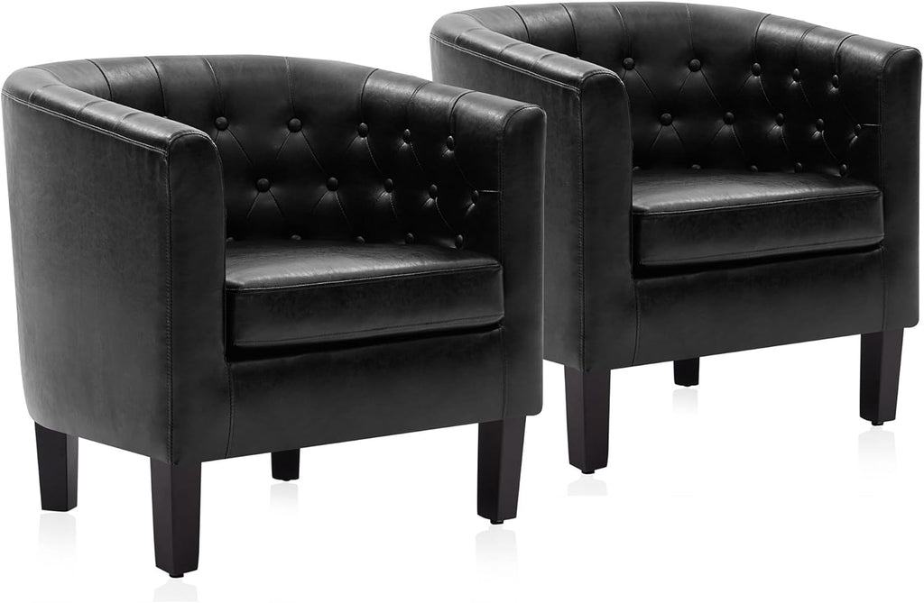 BELLEZE Black Accent Chairs for Living Room, Elegant Arm Chair Upholstered Tufted Barrel Chair Club Chair for Bedroom with Sturdy Legs and Faux Leather - Berlinda (Black) - Grand Goldman