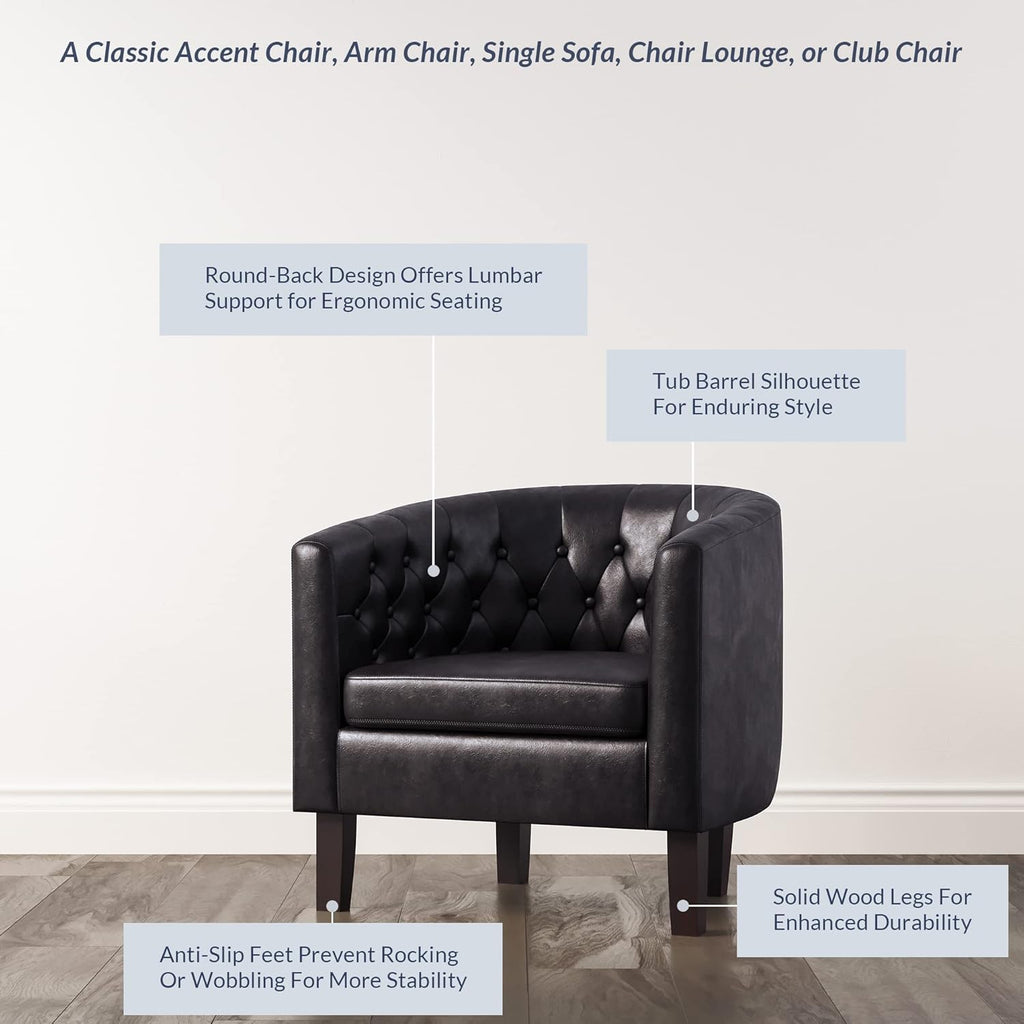 BELLEZE Black Accent Chairs for Living Room, Elegant Arm Chair Upholstered Tufted Barrel Chair Club Chair for Bedroom with Sturdy Legs and Faux Leather - Berlinda (Black) - Grand Goldman