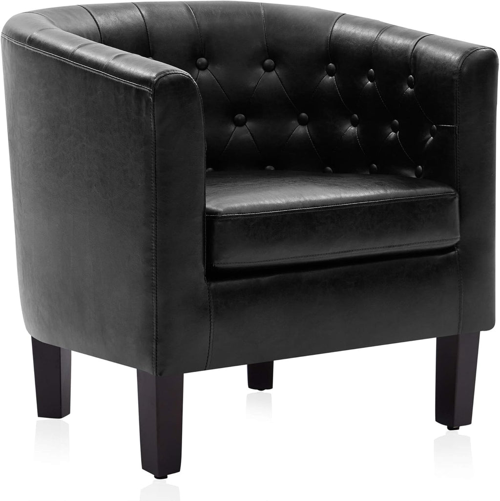 BELLEZE Black Accent Chairs for Living Room, Elegant Arm Chair Upholstered Tufted Barrel Chair Club Chair for Bedroom with Sturdy Legs and Faux Leather - Berlinda (Black) - Grand Goldman