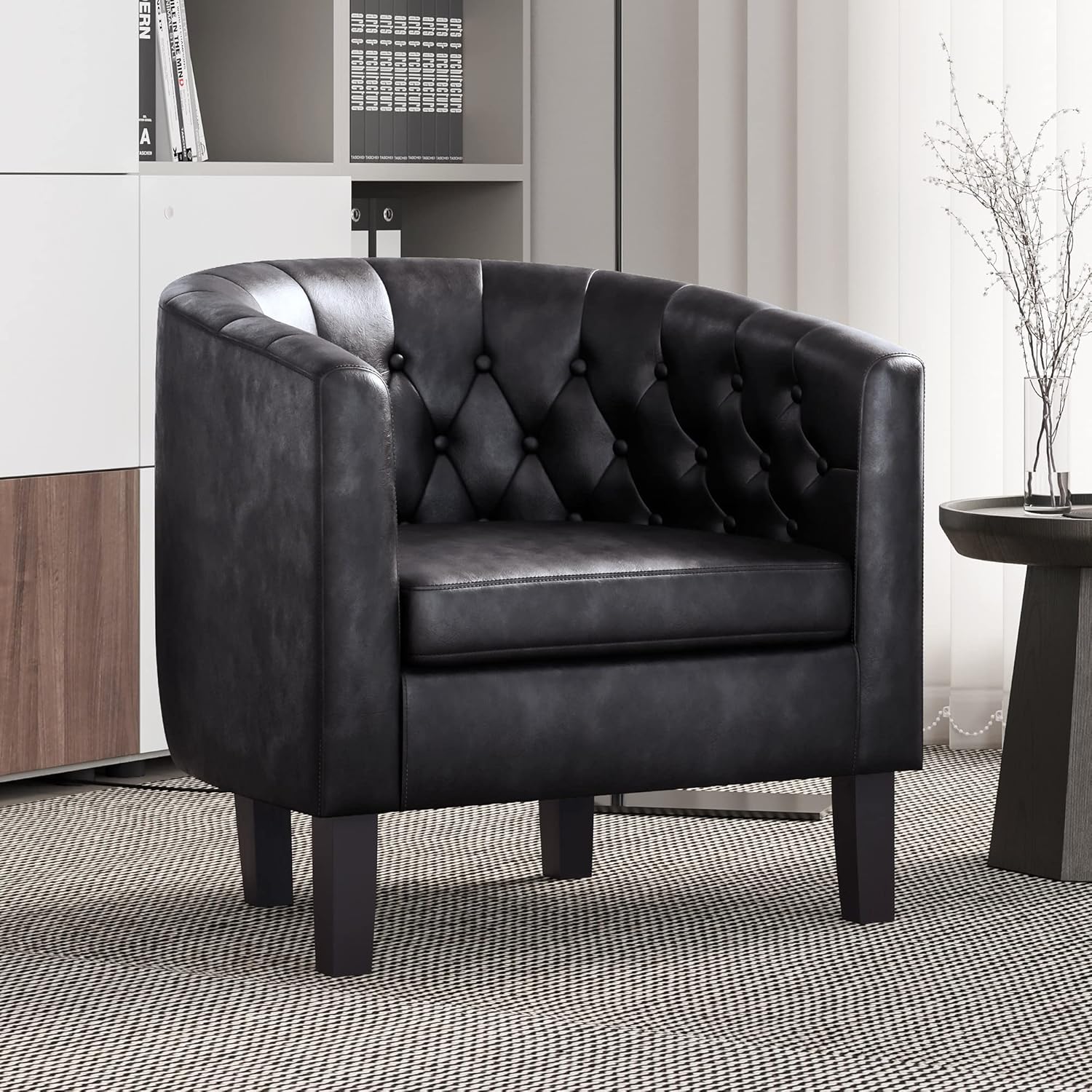 BELLEZE Black Accent Chairs for Living Room, Elegant Arm Chair Upholstered Tufted Barrel Chair Club Chair for Bedroom with Sturdy Legs and Faux Leather - Berlinda (Black) - Grand Goldman