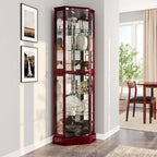 BELLEZE Lighted Corner Display Curio Cabinet,72" Tall Wooden Curved Shelving Unit with Tempered Glass Door, Bar and Liquor Storage Area with 6 Shelves - Ashfield (Walnut) - Grand Goldman