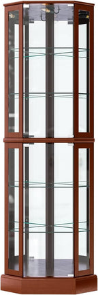 BELLEZE Lighted Corner Display Curio Cabinet,72" Tall Wooden Curved Shelving Unit with Tempered Glass Door, Bar and Liquor Storage Area with 6 Shelves - Ashfield (Walnut) - Grand Goldman