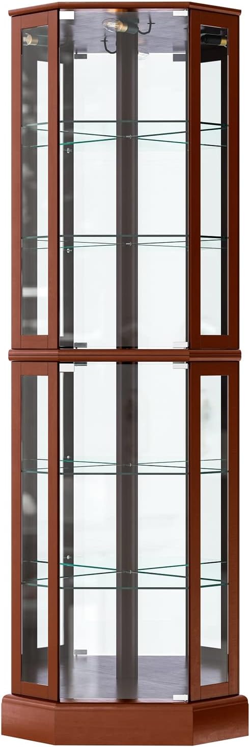 BELLEZE Lighted Corner Display Curio Cabinet,72" Tall Wooden Curved Shelving Unit with Tempered Glass Door, Bar and Liquor Storage Area with 6 Shelves - Ashfield (Walnut) - Grand Goldman