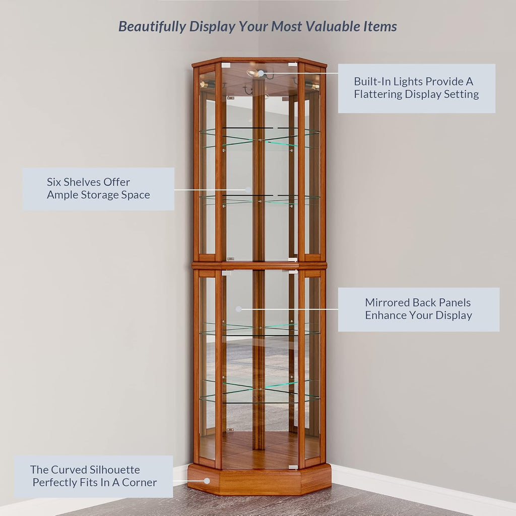 BELLEZE Lighted Corner Display Curio Cabinet,72" Tall Wooden Curved Shelving Unit with Tempered Glass Door, Bar and Liquor Storage Area with 6 Shelves - Ashfield (Walnut) - Grand Goldman