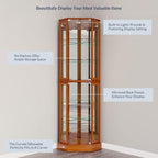 BELLEZE Lighted Corner Display Curio Cabinet,72" Tall Wooden Curved Shelving Unit with Tempered Glass Door, Bar and Liquor Storage Area with 6 Shelves - Ashfield (Walnut) - Grand Goldman