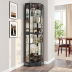 BELLEZE Lighted Corner Display Curio Cabinet,72" Tall Wooden Curved Shelving Unit with Tempered Glass Door, Bar and Liquor Storage Area with 6 Shelves - Ashfield (Walnut) - Grand Goldman