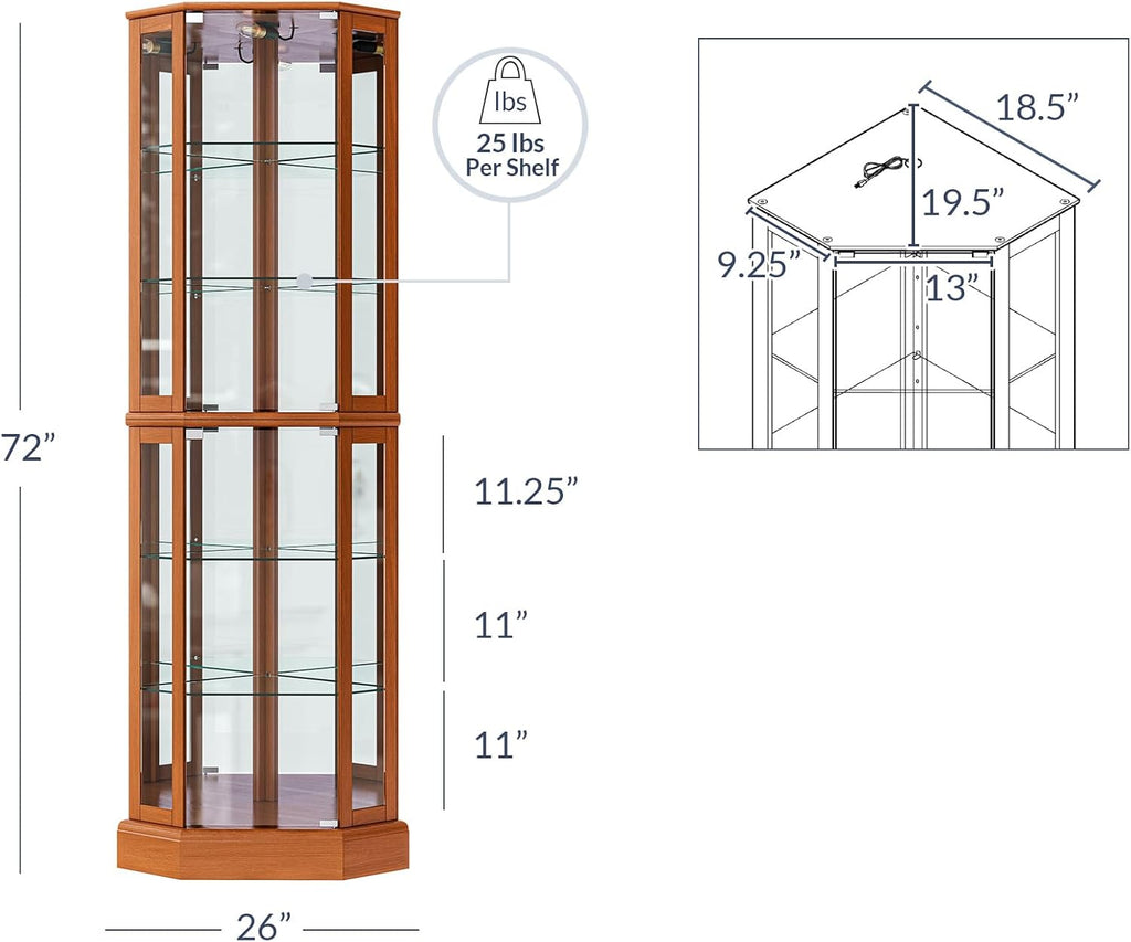 BELLEZE Lighted Corner Display Curio Cabinet,72" Tall Wooden Curved Shelving Unit with Tempered Glass Door, Bar and Liquor Storage Area with 6 Shelves - Ashfield (Walnut) - Grand Goldman