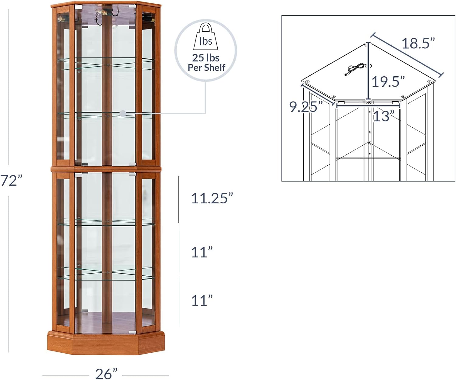 BELLEZE Lighted Corner Display Curio Cabinet,72" Tall Wooden Curved Shelving Unit with Tempered Glass Door, Bar and Liquor Storage Area with 6 Shelves - Ashfield (Walnut) - Grand Goldman