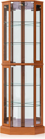 BELLEZE Lighted Corner Display Curio Cabinet,72" Tall Wooden Curved Shelving Unit with Tempered Glass Door, Bar and Liquor Storage Area with 6 Shelves - Ashfield (Walnut) - Grand Goldman