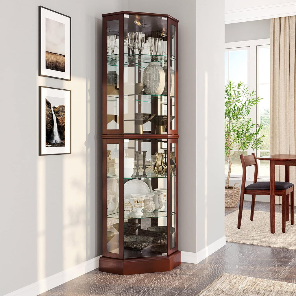 BELLEZE Lighted Corner Display Curio Cabinet,72" Tall Wooden Curved Shelving Unit with Tempered Glass Door, Bar and Liquor Storage Area with 6 Shelves - Ashfield (Walnut) - Grand Goldman