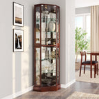 BELLEZE Lighted Corner Display Curio Cabinet,72" Tall Wooden Curved Shelving Unit with Tempered Glass Door, Bar and Liquor Storage Area with 6 Shelves - Ashfield (Walnut) - Grand Goldman