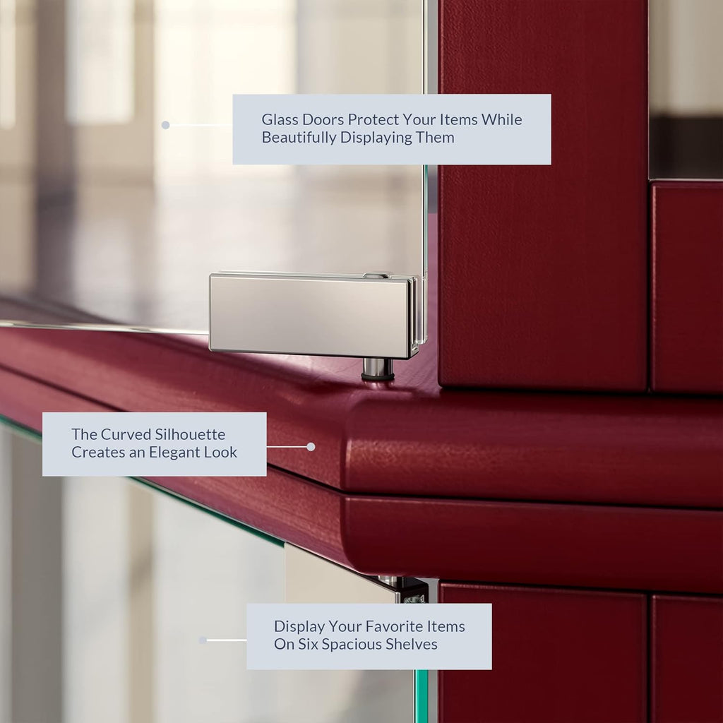 BELLEZE Lighted Corner Display Curio Cabinet,72" Tall Wooden Curved Shelving Unit with Tempered Glass Door, Bar and Liquor Storage Area with 6 Shelves - Ashfield (Walnut) - Grand Goldman