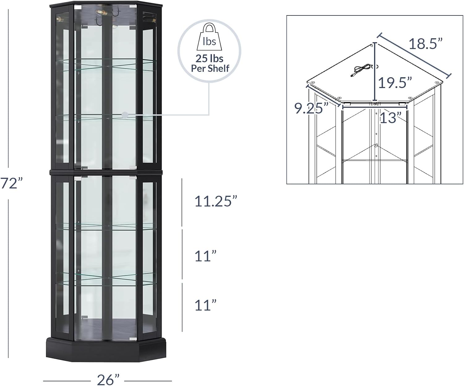BELLEZE Lighted Corner Display Curio Cabinet,72" Tall Wooden Curved Shelving Unit with Tempered Glass Door, Bar and Liquor Storage Area with 6 Shelves - Ashfield (Walnut) - Grand Goldman