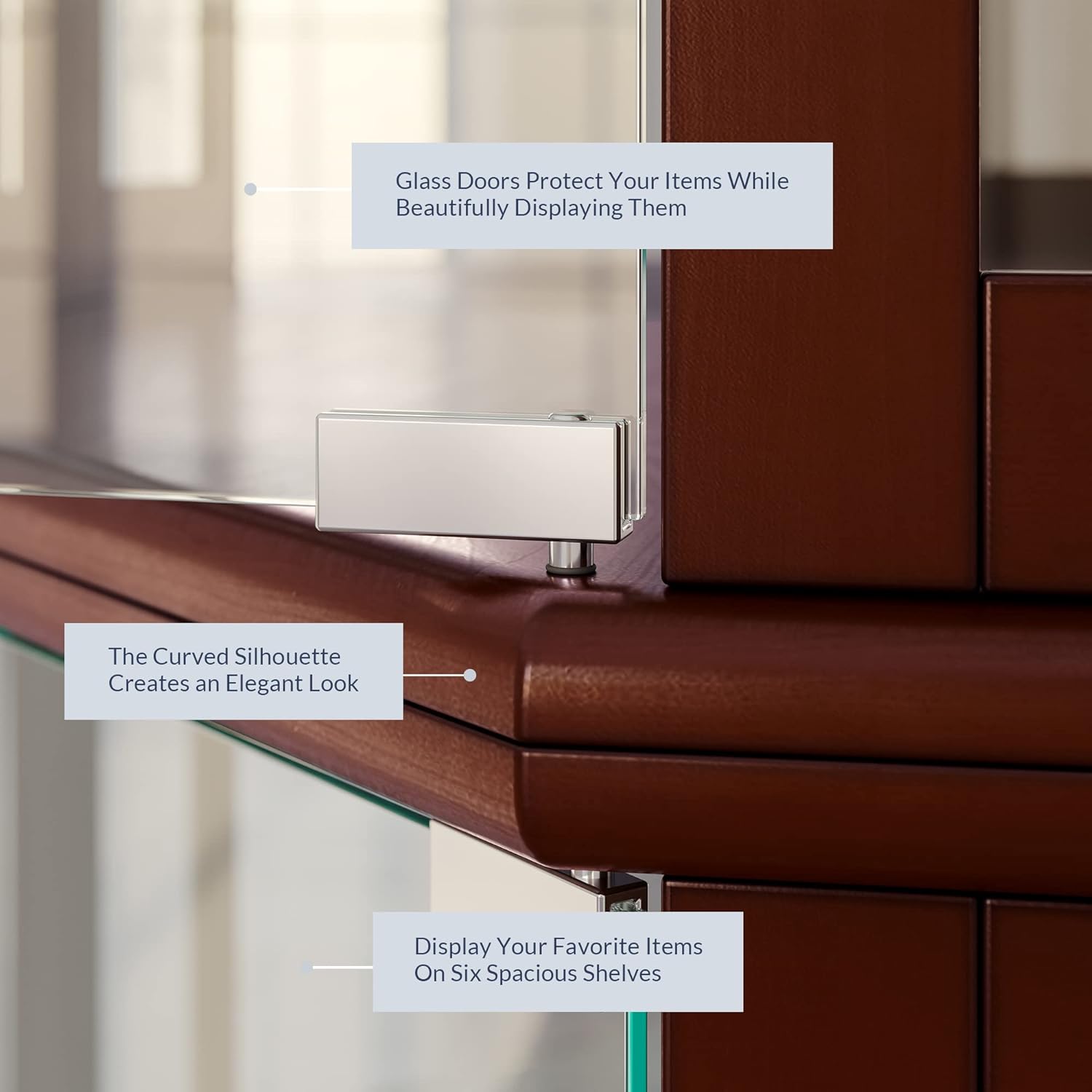 BELLEZE Lighted Corner Display Curio Cabinet,72" Tall Wooden Curved Shelving Unit with Tempered Glass Door, Bar and Liquor Storage Area with 6 Shelves - Ashfield (Walnut) - Grand Goldman