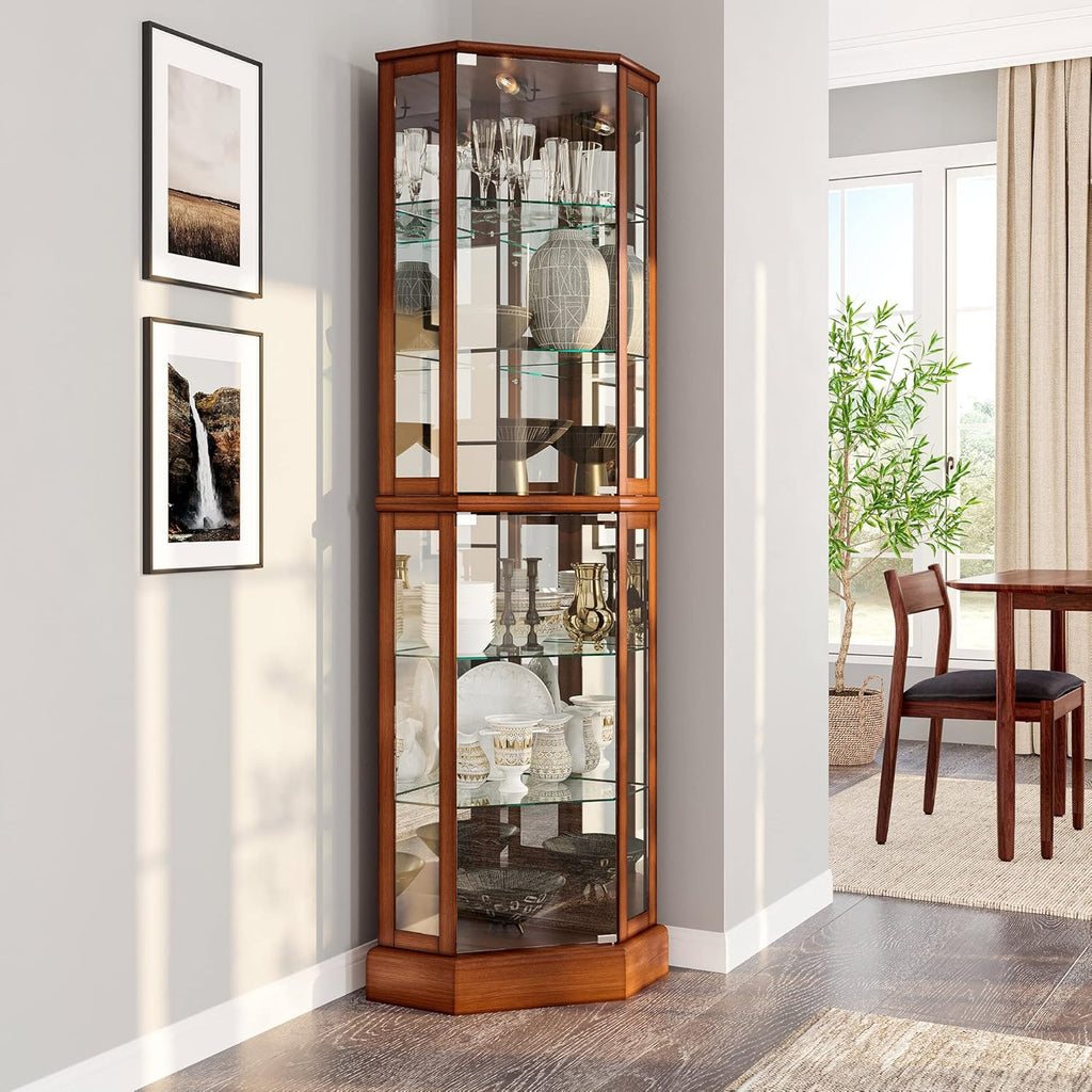 BELLEZE Lighted Corner Display Curio Cabinet,72" Tall Wooden Curved Shelving Unit with Tempered Glass Door, Bar and Liquor Storage Area with 6 Shelves - Ashfield (Walnut) - Grand Goldman