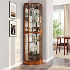 BELLEZE Lighted Corner Display Curio Cabinet,72" Tall Wooden Curved Shelving Unit with Tempered Glass Door, Bar and Liquor Storage Area with 6 Shelves - Ashfield (Walnut) - Grand Goldman