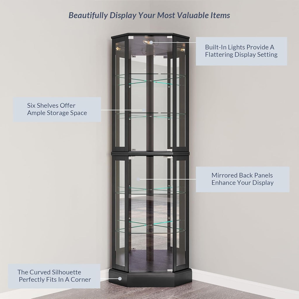 BELLEZE Lighted Corner Display Curio Cabinet,72" Tall Wooden Curved Shelving Unit with Tempered Glass Door, Bar and Liquor Storage Area with 6 Shelves - Ashfield (Walnut) - Grand Goldman