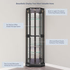 BELLEZE Lighted Corner Display Curio Cabinet,72" Tall Wooden Curved Shelving Unit with Tempered Glass Door, Bar and Liquor Storage Area with 6 Shelves - Ashfield (Walnut) - Grand Goldman