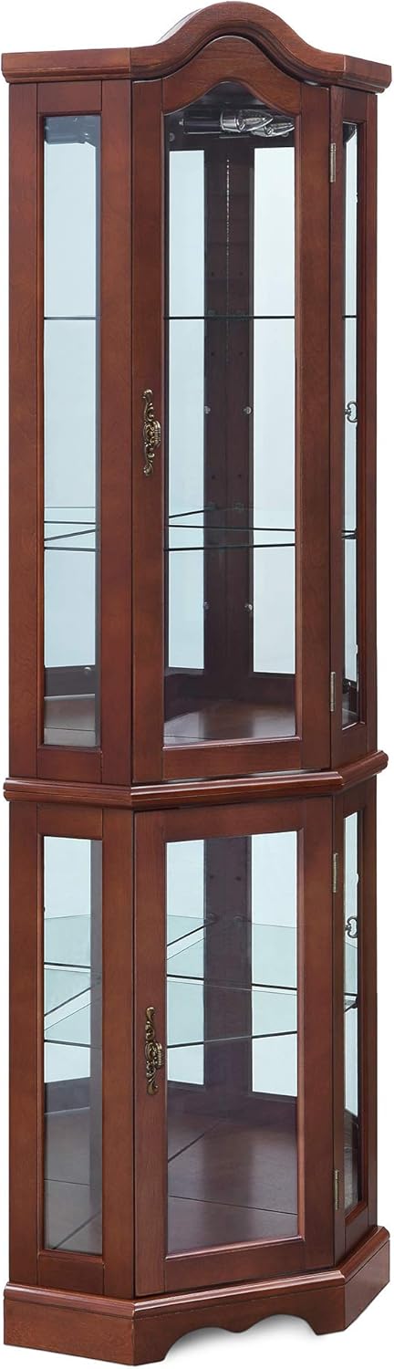 BELLEZE Lighted Corner Display Curved Top Curio Cabinet Wooden Shelving Unit with Tempered Glass Door, Bar and Liquor Storage Area with 5 Shelves - Loraine (Walnut) - Grand Goldman