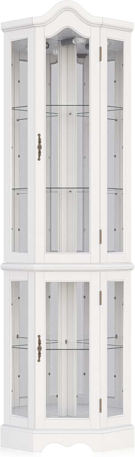 BELLEZE Lighted Corner Display Curved Top Curio Cabinet Wooden Shelving Unit with Tempered Glass Door, Bar and Liquor Storage Area with 5 Shelves - Loraine (Walnut) - Grand Goldman