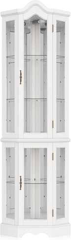 BELLEZE Lighted Corner Display Curved Top Curio Cabinet Wooden Shelving Unit with Tempered Glass Door, Bar and Liquor Storage Area with 5 Shelves - Loraine (Walnut) - Grand Goldman