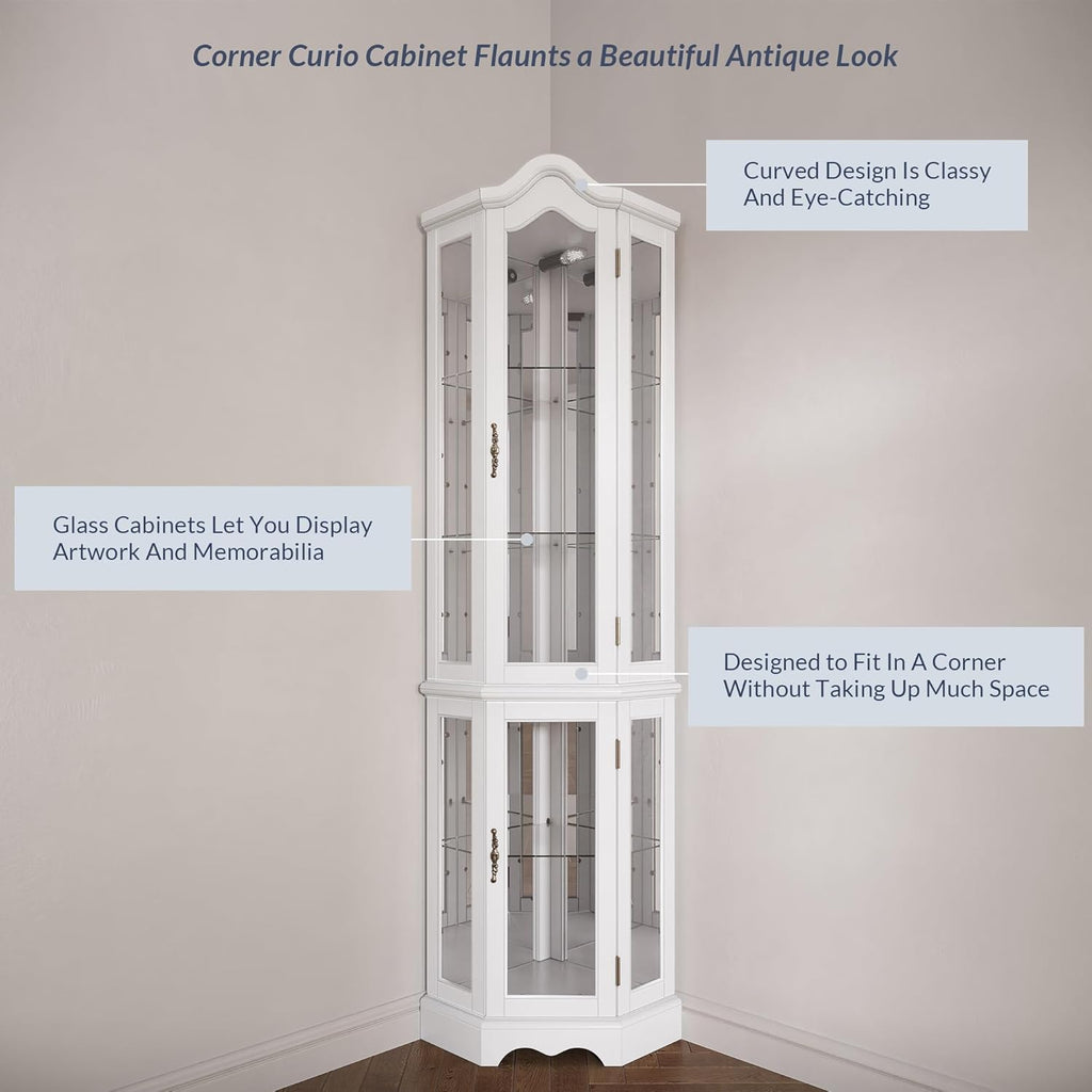 BELLEZE Lighted Corner Display Curved Top Curio Cabinet Wooden Shelving Unit with Tempered Glass Door, Bar and Liquor Storage Area with 5 Shelves - Loraine (Walnut) - Grand Goldman