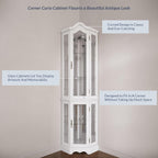 BELLEZE Lighted Corner Display Curved Top Curio Cabinet Wooden Shelving Unit with Tempered Glass Door, Bar and Liquor Storage Area with 5 Shelves - Loraine (Walnut) - Grand Goldman