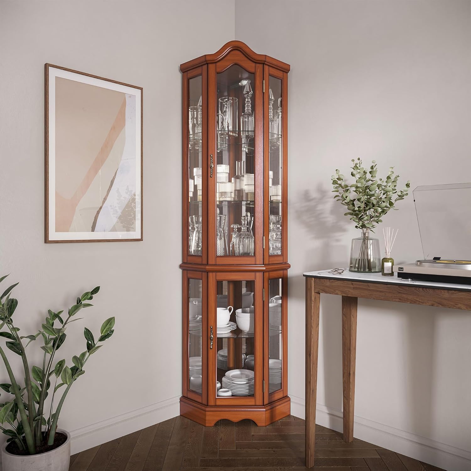 BELLEZE Lighted Corner Display Curved Top Curio Cabinet Wooden Shelving Unit with Tempered Glass Door, Bar and Liquor Storage Area with 5 Shelves - Loraine (Walnut) - Grand Goldman